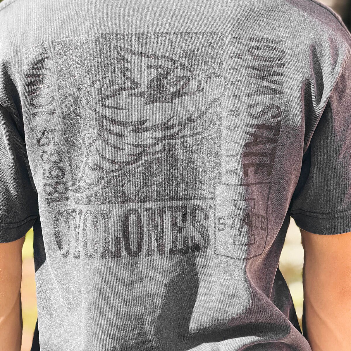 Back of College House Punching Cy Charcoal Heavy Weight Short Sleeve T-shirt design close up
